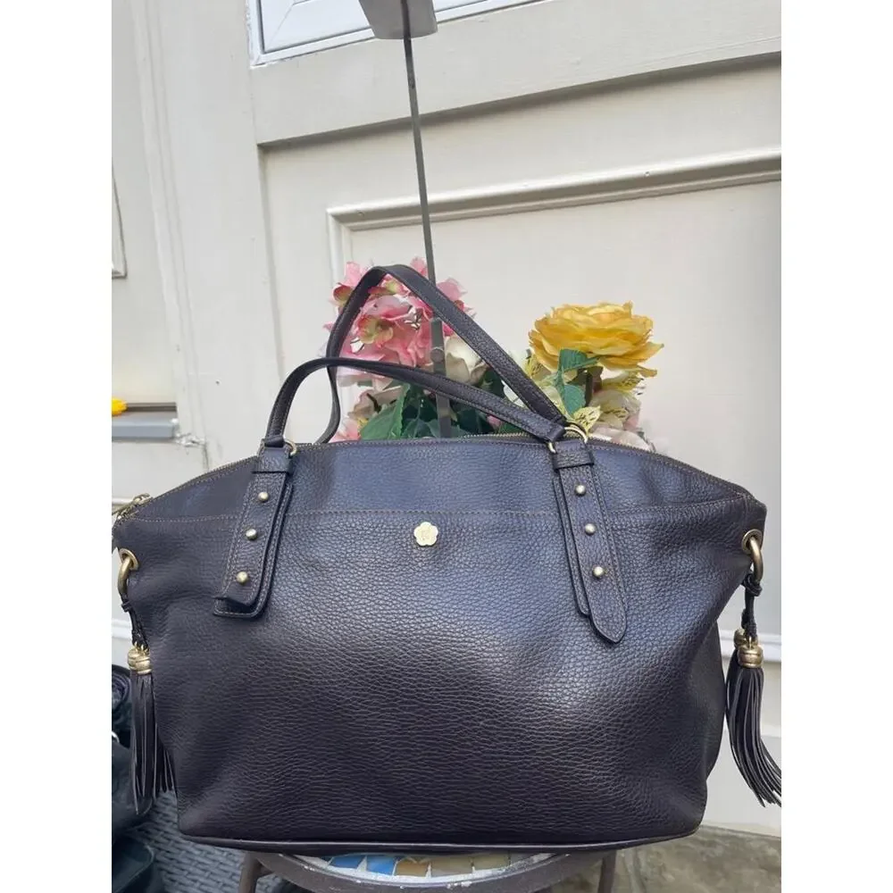 ERIC JAVITS PEBBLE BROWN LEATHER TASSEL TOTE BAG (PU300